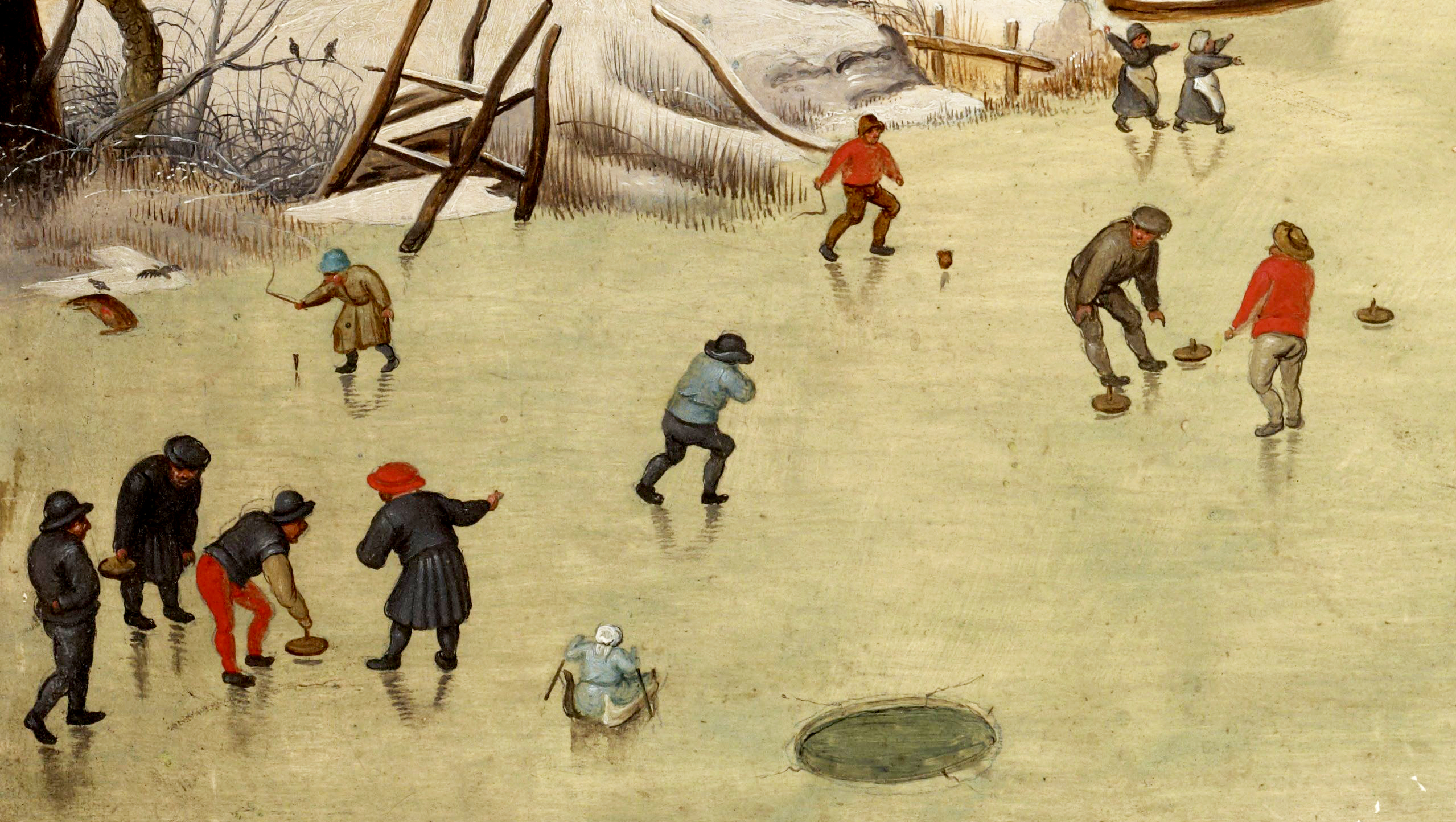 Detail of Pieter Bruegel’s painting “Winter Landscape with a Bird Trap” from 1631 shows people playing Eisstockschiessen – curling – on ice.